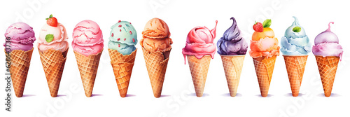 Watercolor set of ice cream in a waffle cone. Hand-drawn illustration isolated on white background. Generative ai.