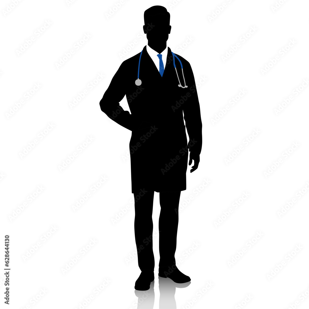 Silhouette of a doctor in a white coat with his hand in the pocket. Male healthcare worker. Hand-drawn vector illustration set isolated on white