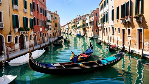 Photo Photo of a picturesque row of gondolas in a Venetian canal, with charming buildi