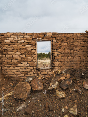 Open window of an abandoned building near the ghost town of Duran, New Mexico