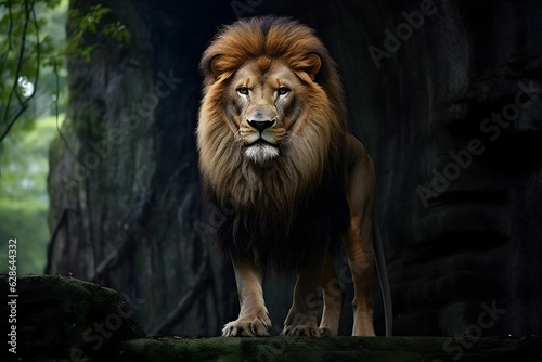 Jungle King  A fierce lion standing proud in his natural habitat. Generative Ai.