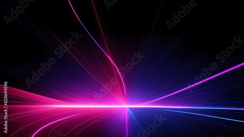 Photo of abstract artwork with vibrant pink and blue lines on a dark background