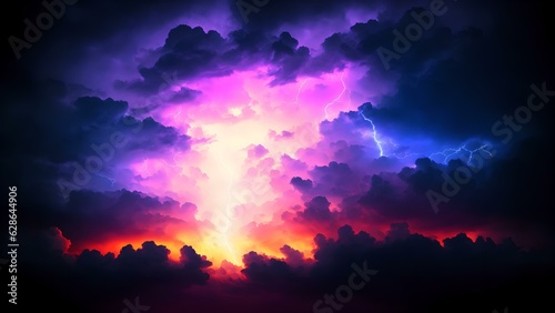 Photo of a vibrant sky with dramatic clouds and lightning strikes