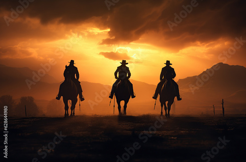 group of cowboy riding horse at sunset