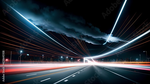 Photo of a busy highway at night with streaks of light from passing cars