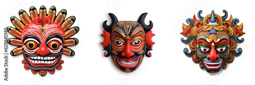 Mask design in traditional balinese motifs, indian mask, colorful cartoon, dynamic and exaggerated facial expressions on white background. Generative ai. © ckybe