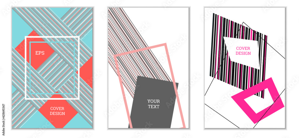 Geometric cover design, set of 3 covers. Abstract unusual background in Memphis style. Bright geometric shapes in random order Geometric cover design, set of 3 covers. Abstract unusual background in Memphis style. Bright geometric shapes in random order