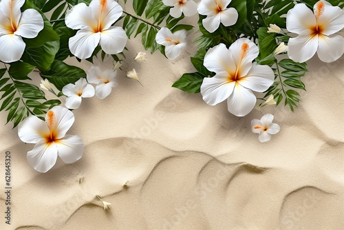Greeting card template with flowers growing on clean sand. Top view, side lighting, copy space.
