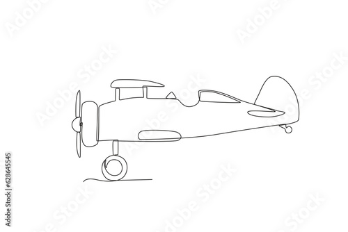 Retro aircraft side view. Vintage plane one-line drawing