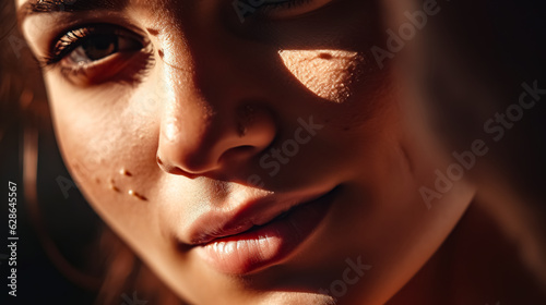 close-up portrait of a young girl in the rays of the setting sun with grains of sand stuck to her cheek