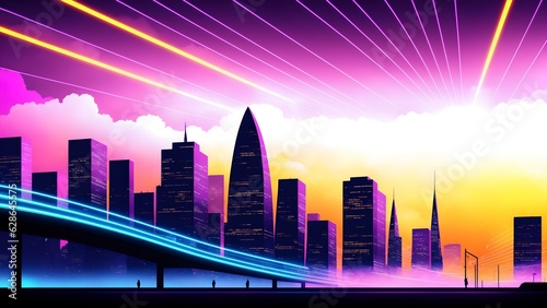 Photo of a vibrant city skyline illuminated by bright lights