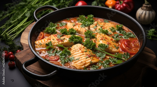 Moqueca baiana - brazilian fish stew of white fish with sweet pepper, lime, chopped tomatoes, coconut milk, served in a black dish with fresh coriander on a dark wooden table, top view, copy space