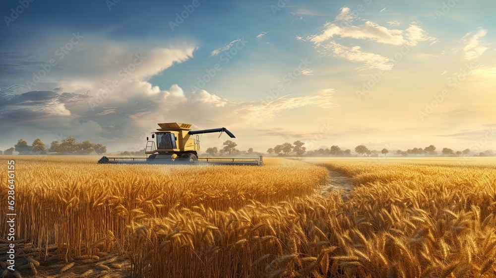 Fototapeta premium Combine harvester working in a wheat field. Harvest concept.