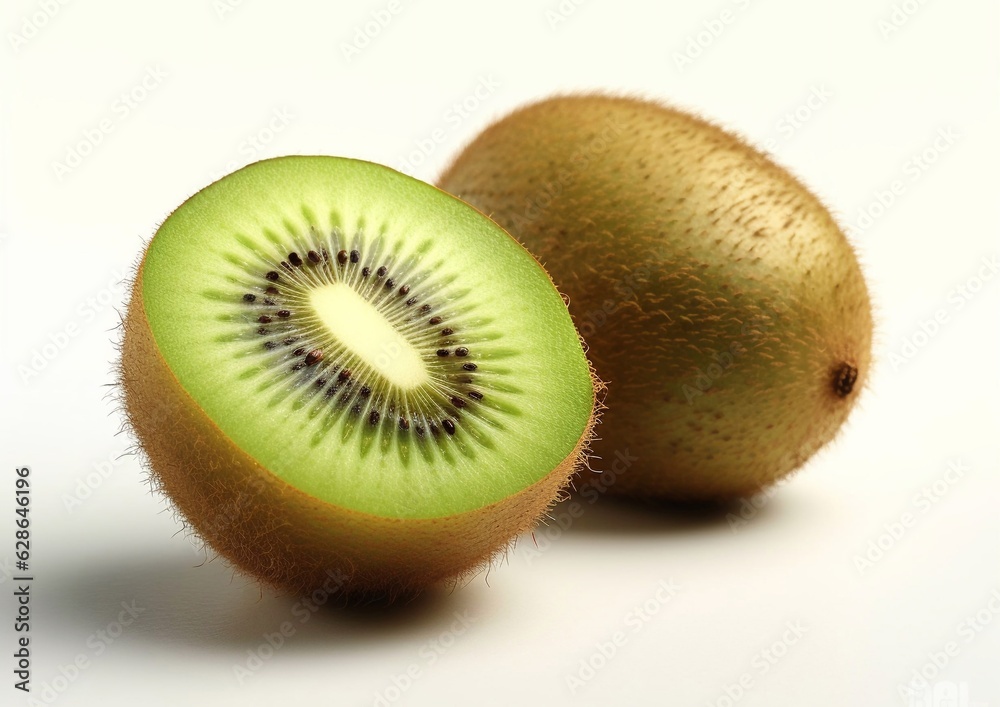 Fototapeta premium Half and whole kiwi fruit on white background.Macro.AI Generative