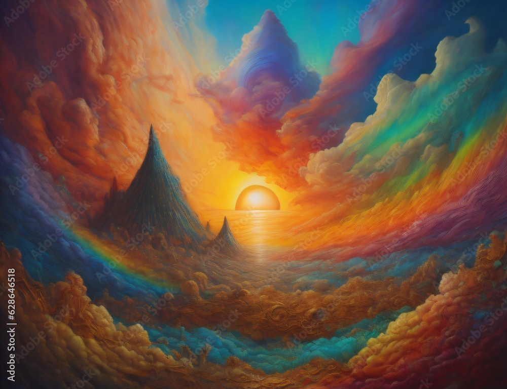 Illustration featuring surreal hues and textures of sunrise or sunset, suggesting themes of landscape painting, imagination, creativity, and art. Created with generative AI tools