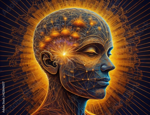 Picture illustrating an amalgamation of human profile and fractal elements, representing ideas related to technological advancements, science, and education. Created with generative AI tools