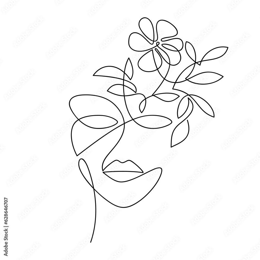 Woman face red lips abstract floral vector. Flowers and leaves line continuous drawing. Hand drawn illustration. Female portrait. Graphic design, print, banner, poster, brochure, logo, card.