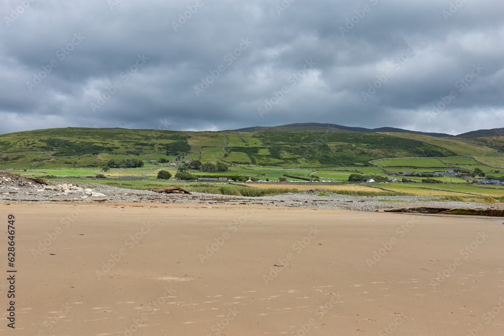 view from the beach for field and hills