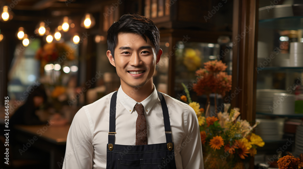 Portrait of asian young male cafe or restaurant owner with smile Portrait of asian young male cafe or restaurant owner with smile