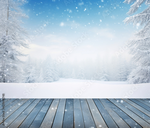 snowy wooden desk on winter background with snowflakes © Paula