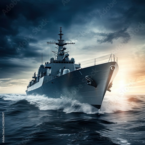 Warship frigate on the high seas. Threat. War, military maneuvers. Generative AI © Olena