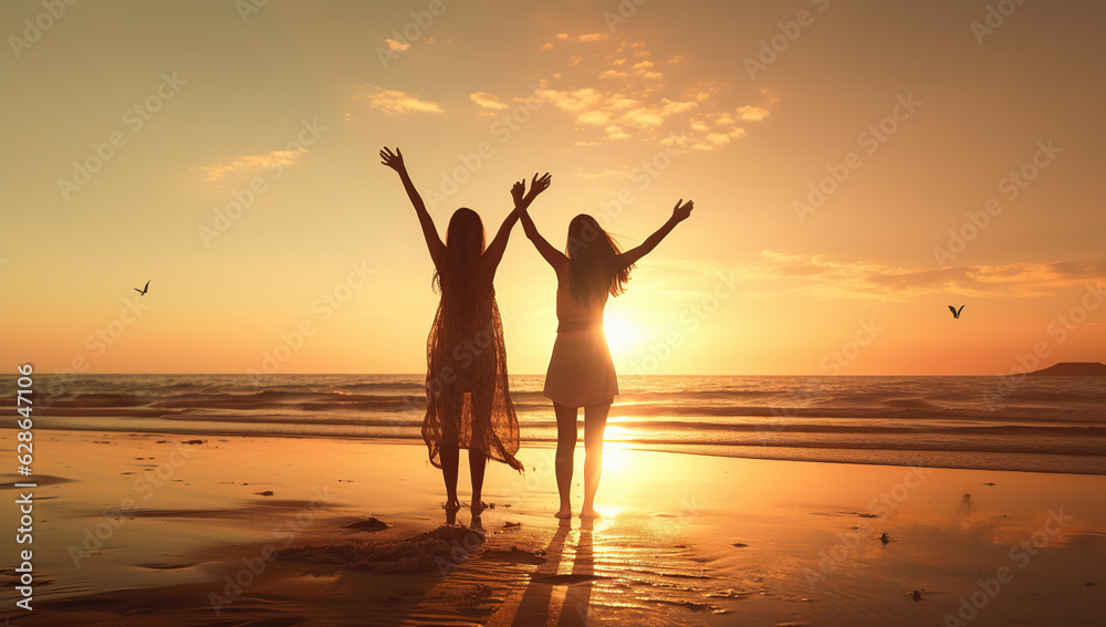 silhouette of womans having fun on the sea beach