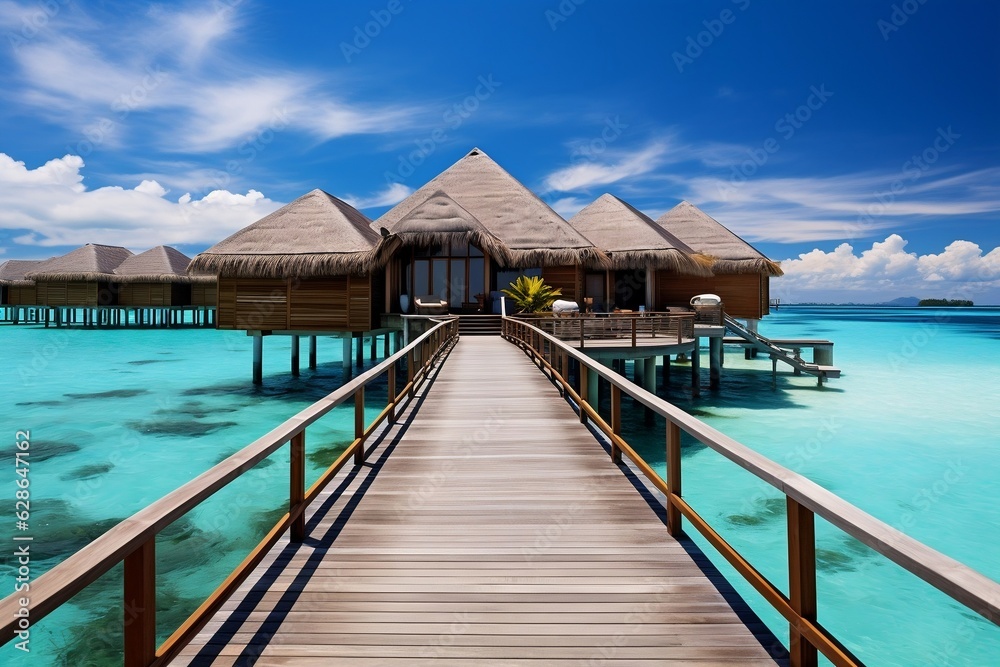 Exquisite Water Villas Resort and Idyllic Wooden Pier Retreat. AI