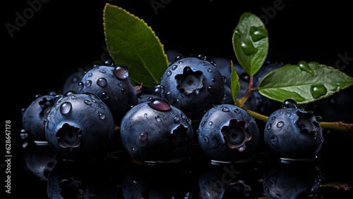 Blueberries on a black background. Beautiful berries on glass. With green leaves.