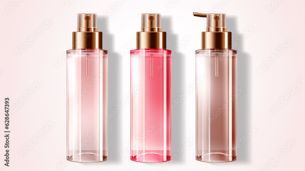 Empty cosmetic bottles with dispensers on a clear white background, isolated object, suitable for design purposes. Multicolor.