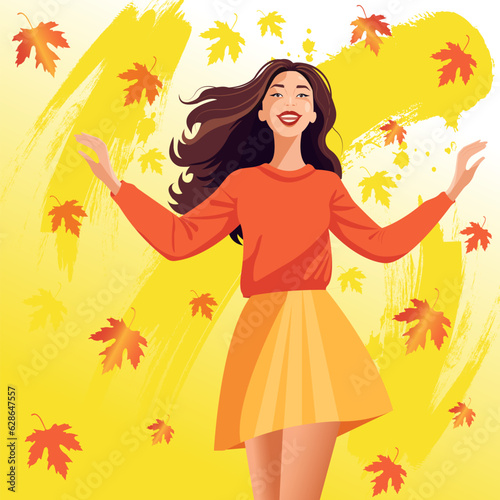 Vector illustration in cartoon style with watercolor strokes. A pretty young woman in a warm sweater and fashionable box skirt catches falling yellow autumn leaves with her hands.
