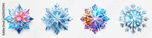 Set of colored snowflake 3D renders on white background. Collection of snowflakes isolated on white background. Christmas and New year design elements, frozen symbol. Snowflake icons