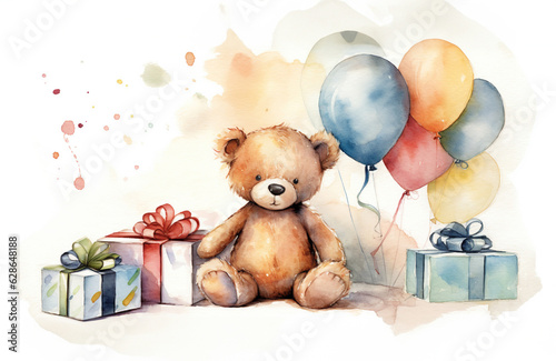 Watercolor illustration of a plush teddy bear near gifts and festive balloons