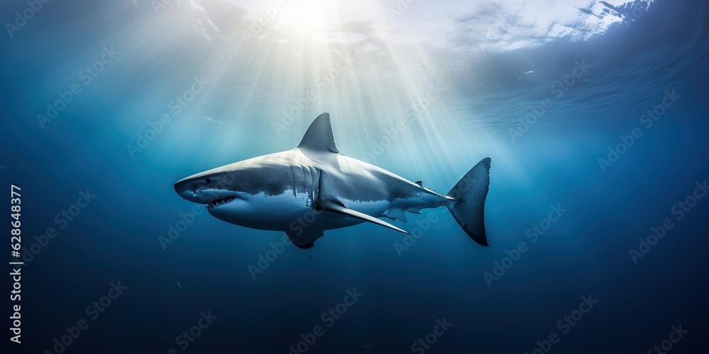Fototapeta premium big white shark swimming in the ocean water near the surface