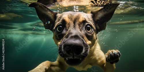 Fototapeta cute muzzle of funny angry dog swimming in the water