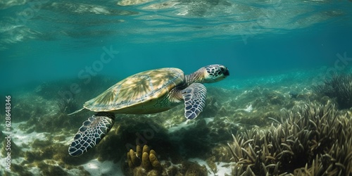 big water turtle swimming in the ocean near the bottom