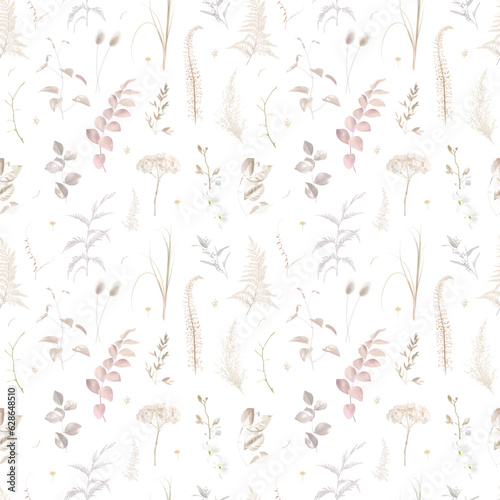 Boho beige and blush trendy vector design seamless print. Pastel pampas grass, ivory hydrangea, creamy orchid