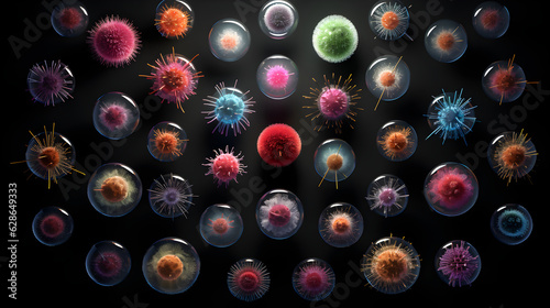 collection of viruses and bacteria on a dark background, colorful colors, Generative AI photo