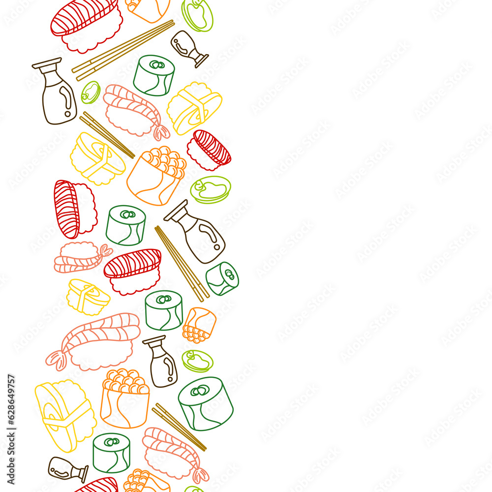 Naklejka premium vertical colorful doodle line Sushi with chopsticks and Shoyu soy sauce concept seamless pattern on white background. vector abstract illustration.