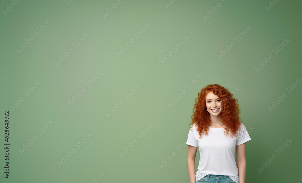 Happy positive smiling attractive redheaded teenage girl with curly hair looking at camera wearing casual trendy t-shirt standing isolated on green background over studio copy space background. Happy positive smiling attractive redheaded teenage girl with curly hair looking at camera wearing casual trendy t-shirt standing isolated on green background over studio copy space background.