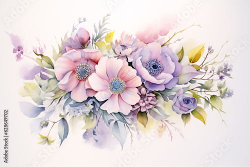 Floral pastel watercolor style wedding bouquet. Isolated and editable. Soft Colors. Flowers and leaves.