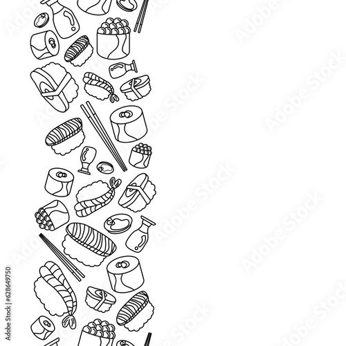 vertical doodle line Sushi with chopsticks and Shoyu soy sauce concept seamless pattern on white background. vector abstract illustration.
