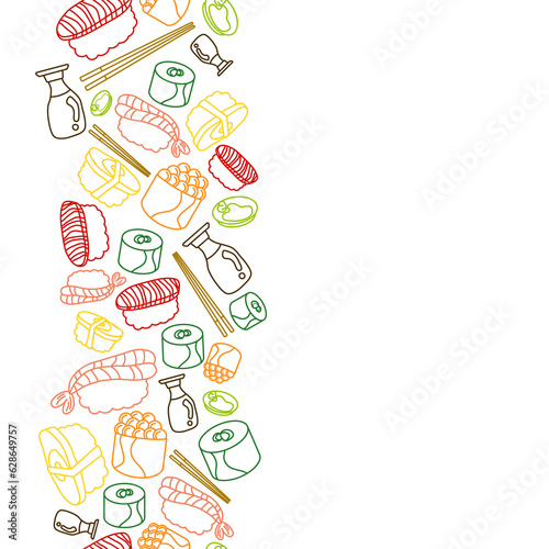 vertical colorful doodle line Sushi with chopsticks and Shoyu soy sauce concept seamless pattern on white background. vector abstract illustration.