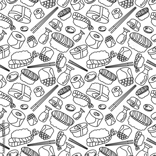 doodle line Sushi with chopsticks and Shoyu soy sauce concept seamless pattern on white background. vector abstract illustration.
