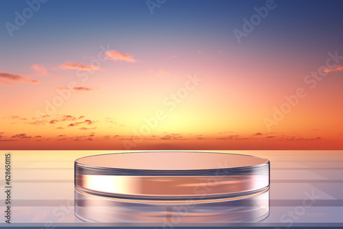 Transparent glass podium on crystal water surface in purple and yellow sunset with clouds sky background. Show case for cosmetic products  new product  promotion sale and presentation. Generative AI
