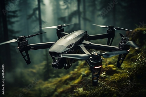 Modern Drone Flying Above Forest in Aerial View - Dark Drone Soaring Against Landscape Backdrop. AI © Usmanify