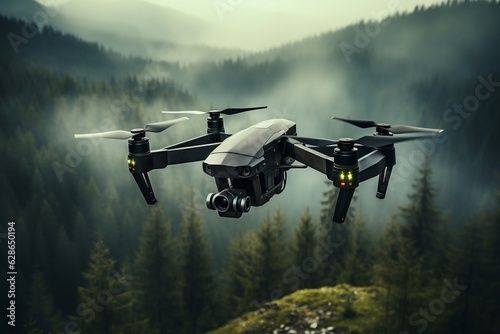 Modern Drone Flying Above Forest in Aerial View - Dark Drone Soaring Against Landscape Backdrop. AI