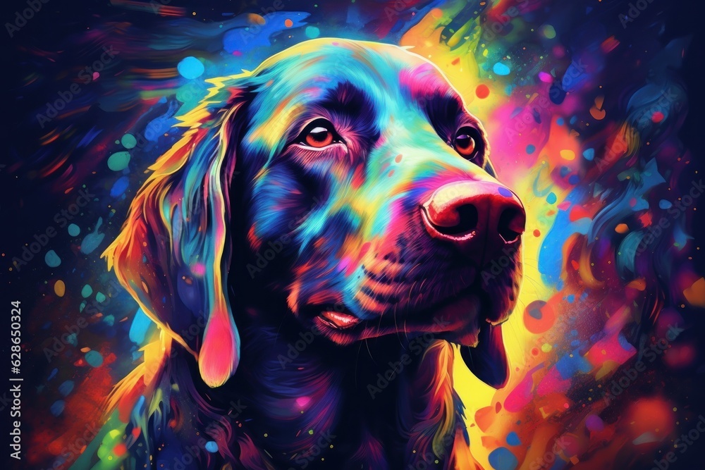 Multi coloured illustration art, the head of a labrador dog painted with with splashes and splatters of paint
