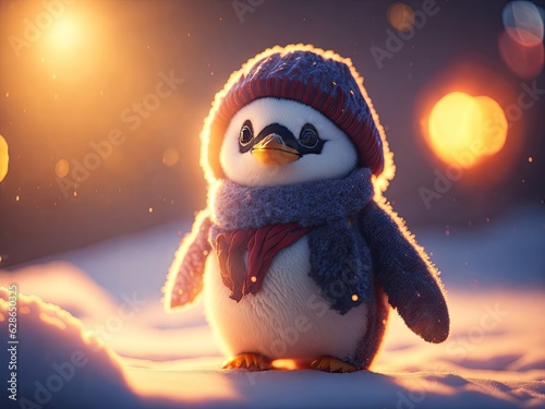 A cute little baby penguin in warm winter clothes. ai generative
