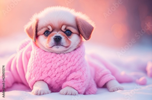 A cute little baby puppy in warm winter clothes. ai generative