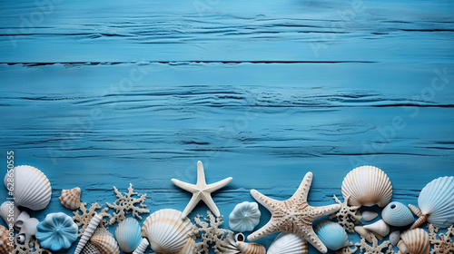 beach scene concept with sea shells and starfish on a blue wooden background